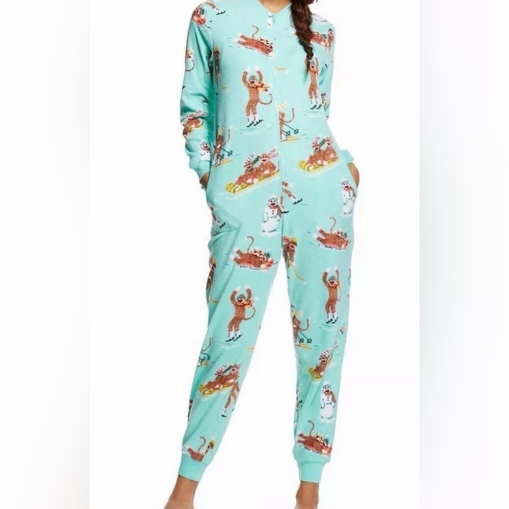 Nick & Nora Sock Monkey Cozy Novelty Fleece Pajama Winter Lounge Wear Size Small